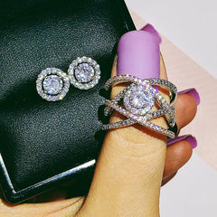 Rhinestone Round Earrings & Ring Set